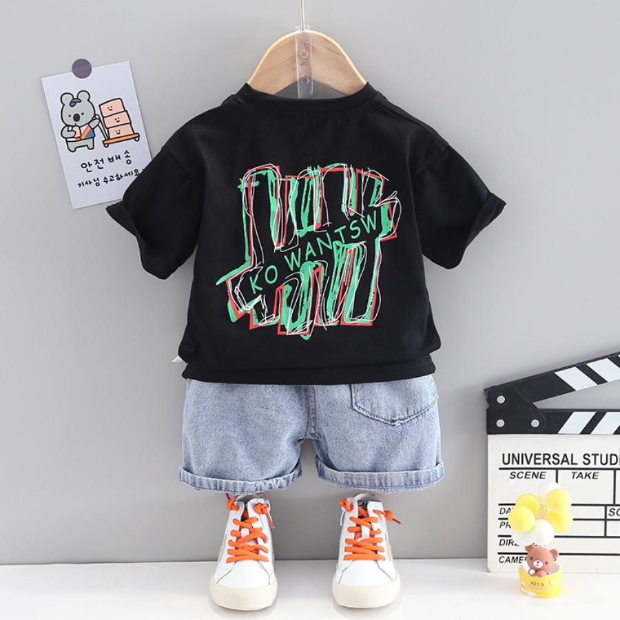 

Lovely Boy Street Letter Print Ripped Black Two Piece Shorts Set