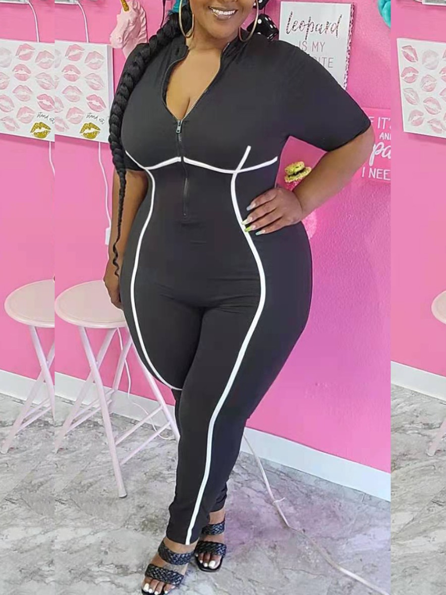 

LW Plus Size Sporty V Neck Striped Black One-piece Jumpsuit, Dark grey