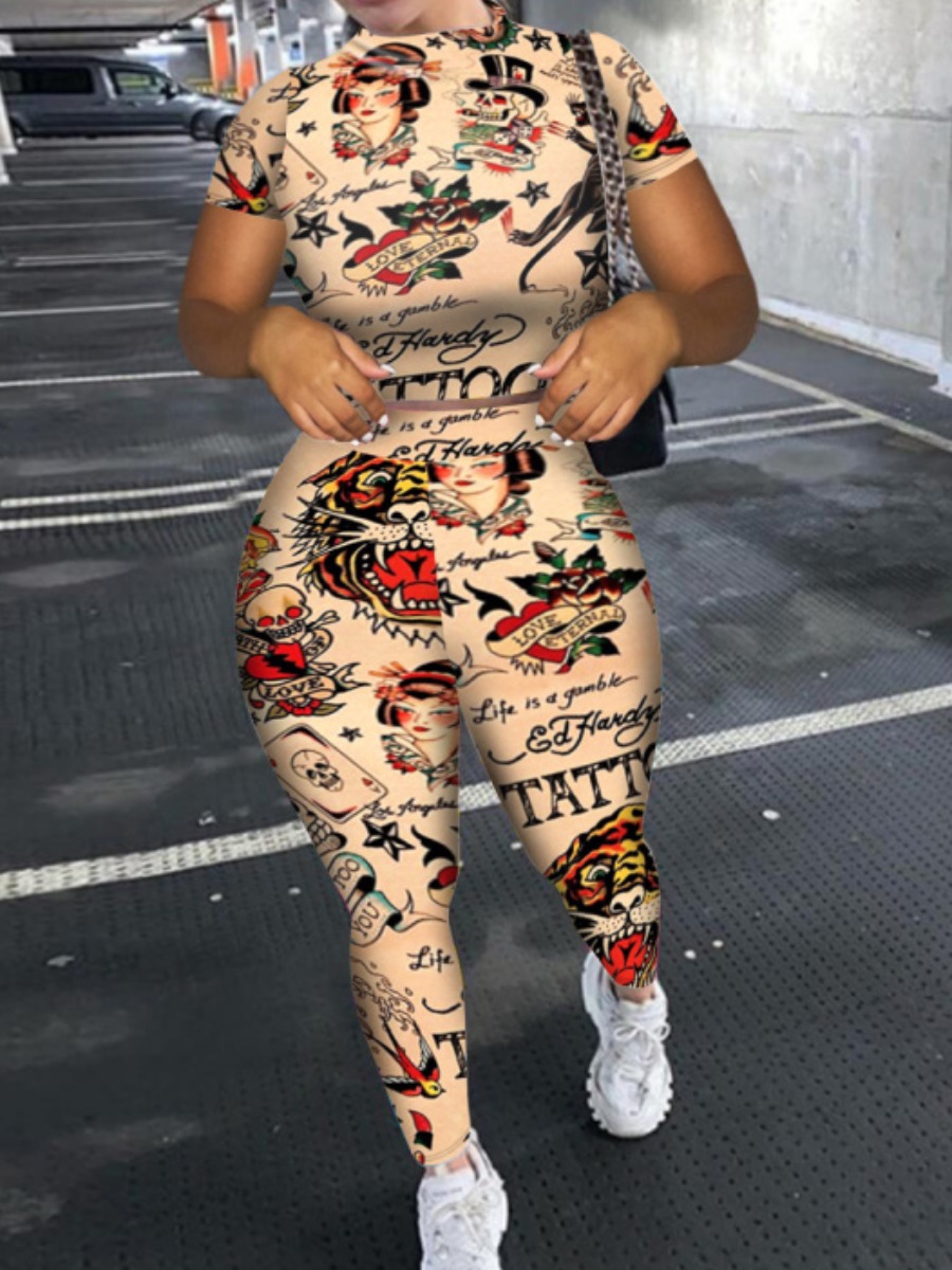 

Lovely Street Graffiti Letter Print Apricot Two Piece Pants Set