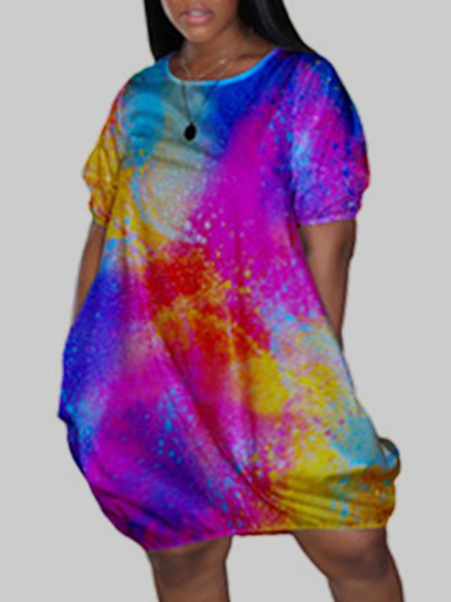 

Lovely Plus Size Street Tie-dye Drawstring Multicolor Knee Length Dress, Multi