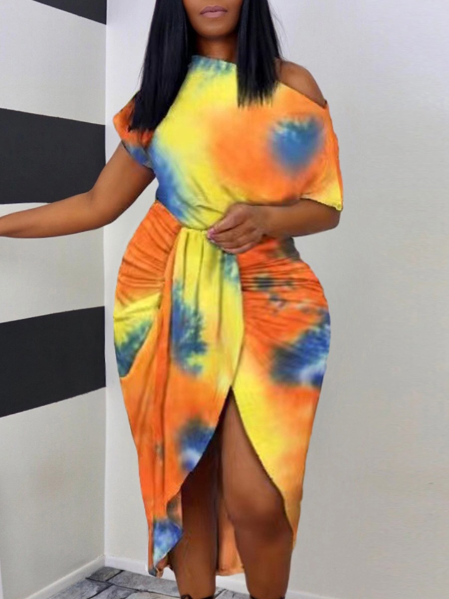 

LW Plus Size Street Tie-dye Fold Design Orange Mid Calf Asymmetrical Dress