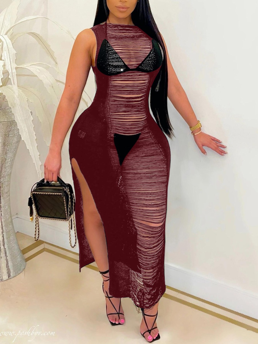 

Lovely Plus Size Sexy See-through Split Wine Red Ankle Length Dress