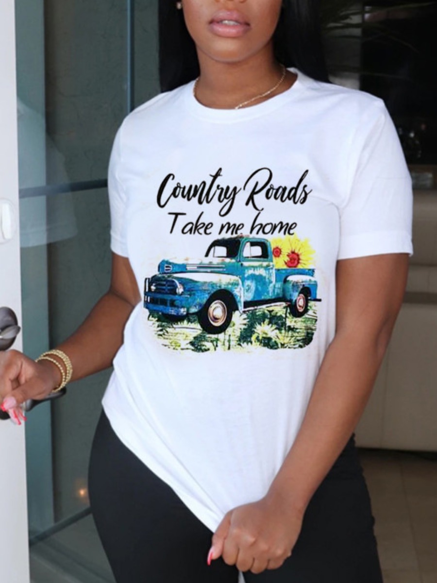 

Lovely Plus Size Casual Car Letter Print White T-shirt