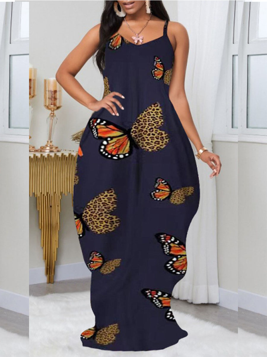 

Lovely Plus Size Boho Leopard Butterfly Print Deep Blue Floor Length Dress