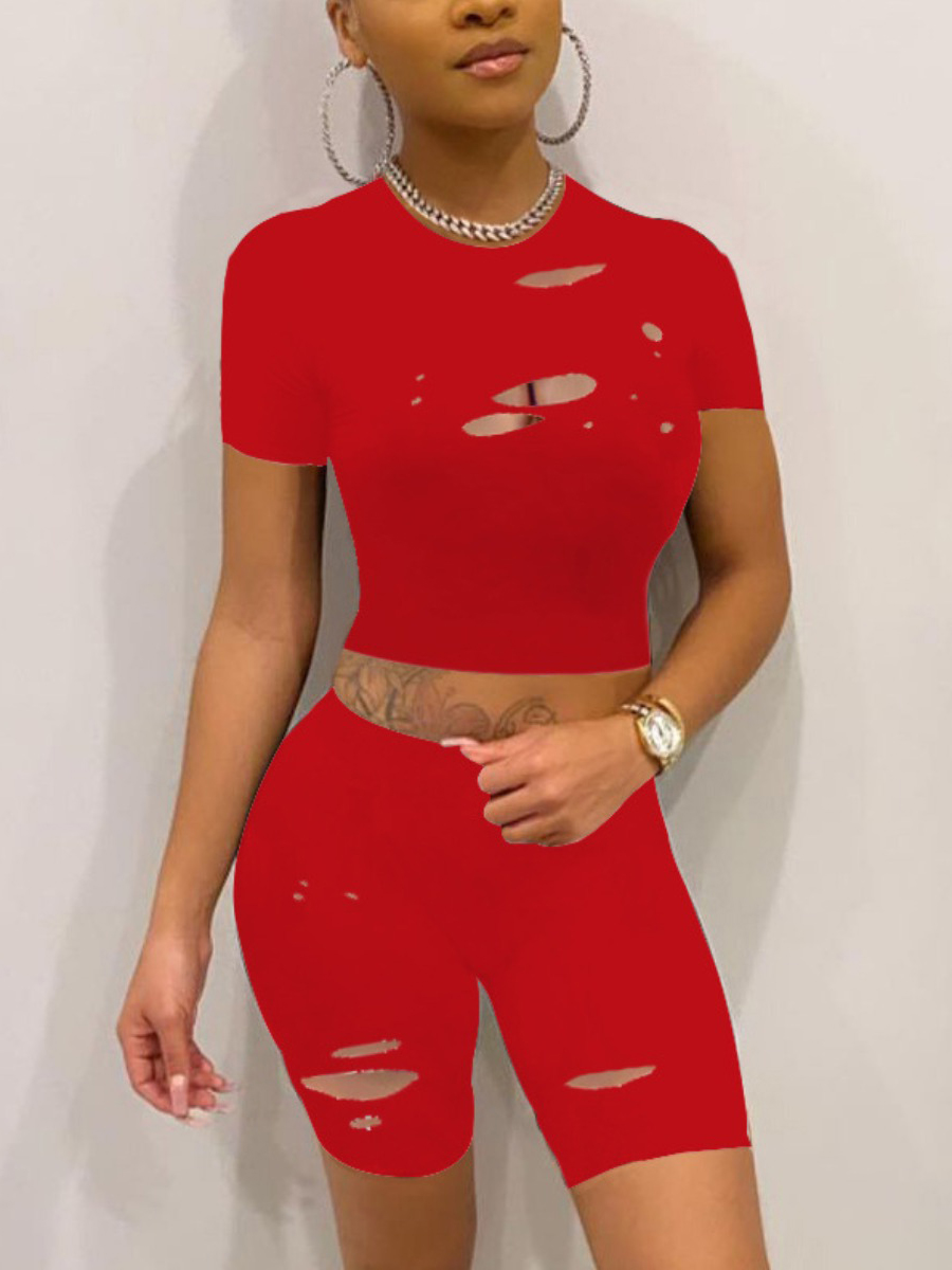 

Lovely Street O Neck Ripped Red Two Piece Shorts Set