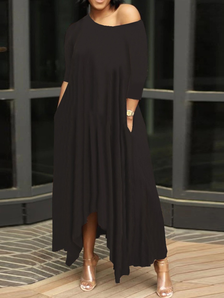 

Lovely Casual O Neck Pocket Design Black Ankle Length Asymmetrical Dress