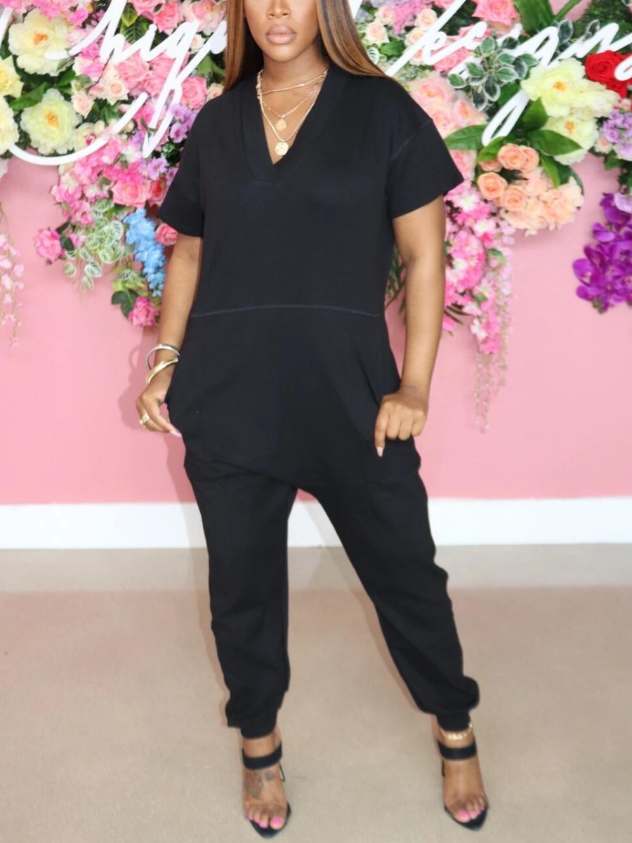

Lovely Street V Neck Pocket Design Black One-piece Jumpsuit