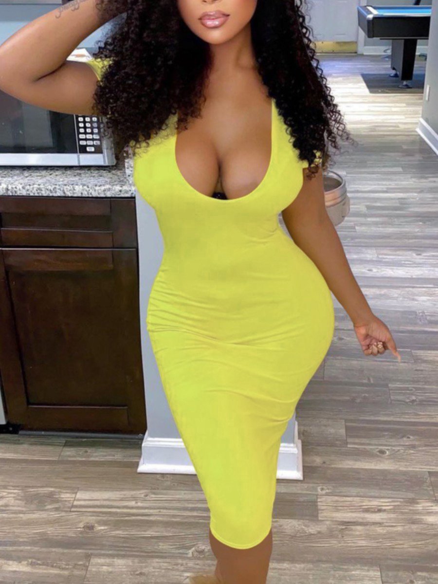 

Lovely Street U Neck Basic Skinny Yellow Knee Length Dress