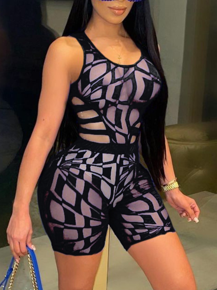 

Lovely Sexy O Neck See-through Black Two Piece Shorts Set