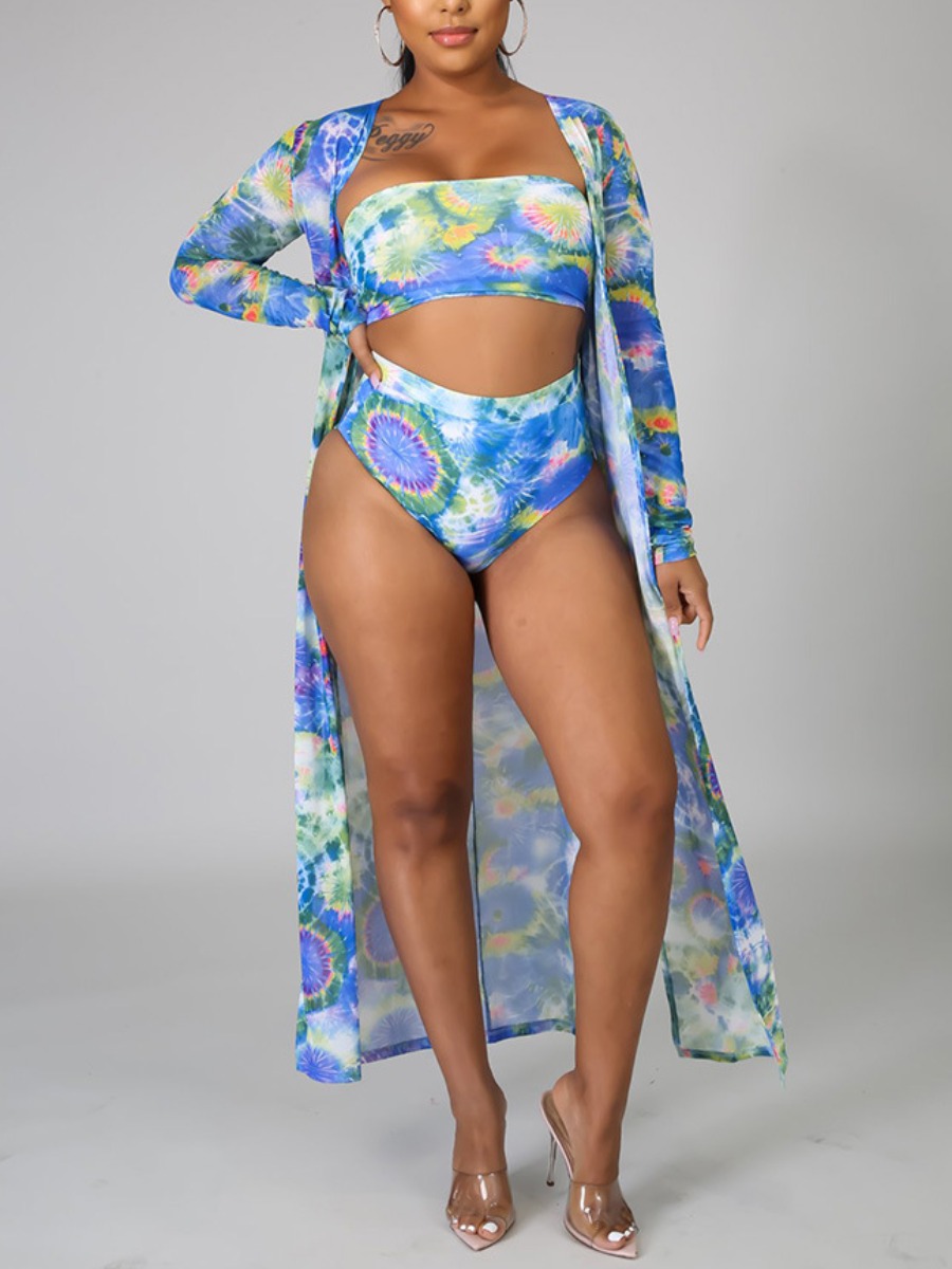 

Lovely Boho Print Split Blue Three-piece Swimsuit