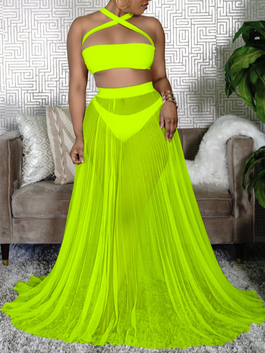 

Lovely Boho Bandage Design See-through Green Three-piece Swimsuit