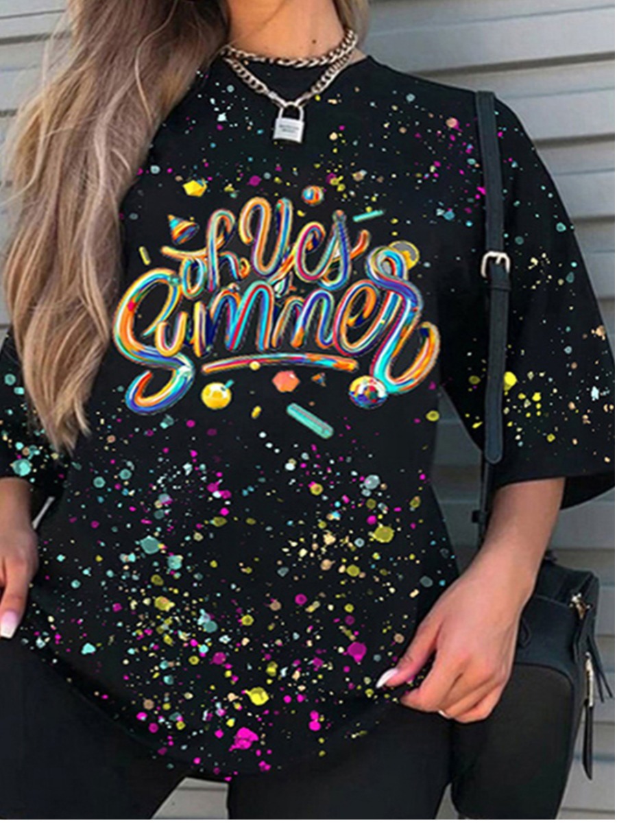 

Lovely Plus Size Street Dropped Shoulder Letter Print Black T-shirt