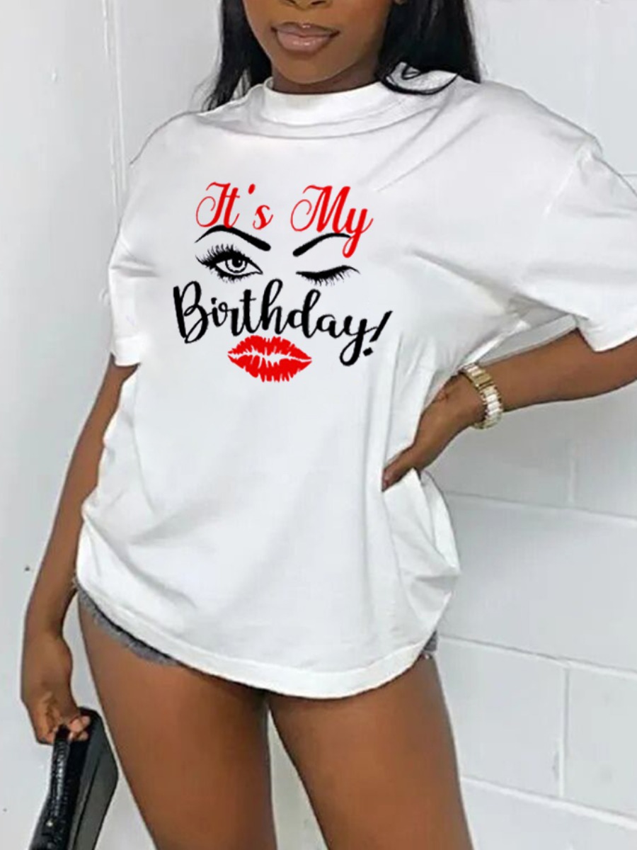LovelyWholesale Casual Lip Letter Print White T-shirt Summer Short Sleeve Casual Basic Round Neck Spring Summer 2024