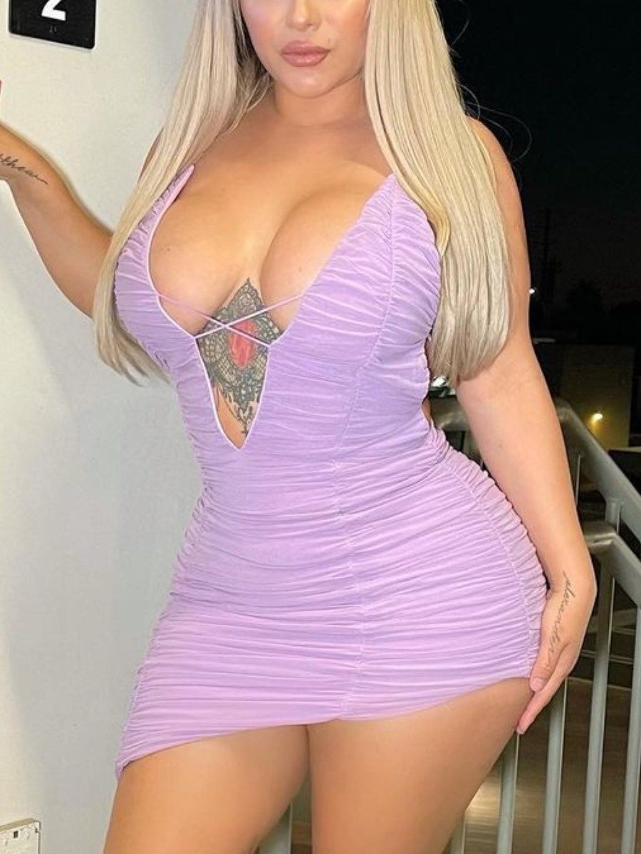 

Lovely Sexy Backless Ruched Light Purple Mini Dress
