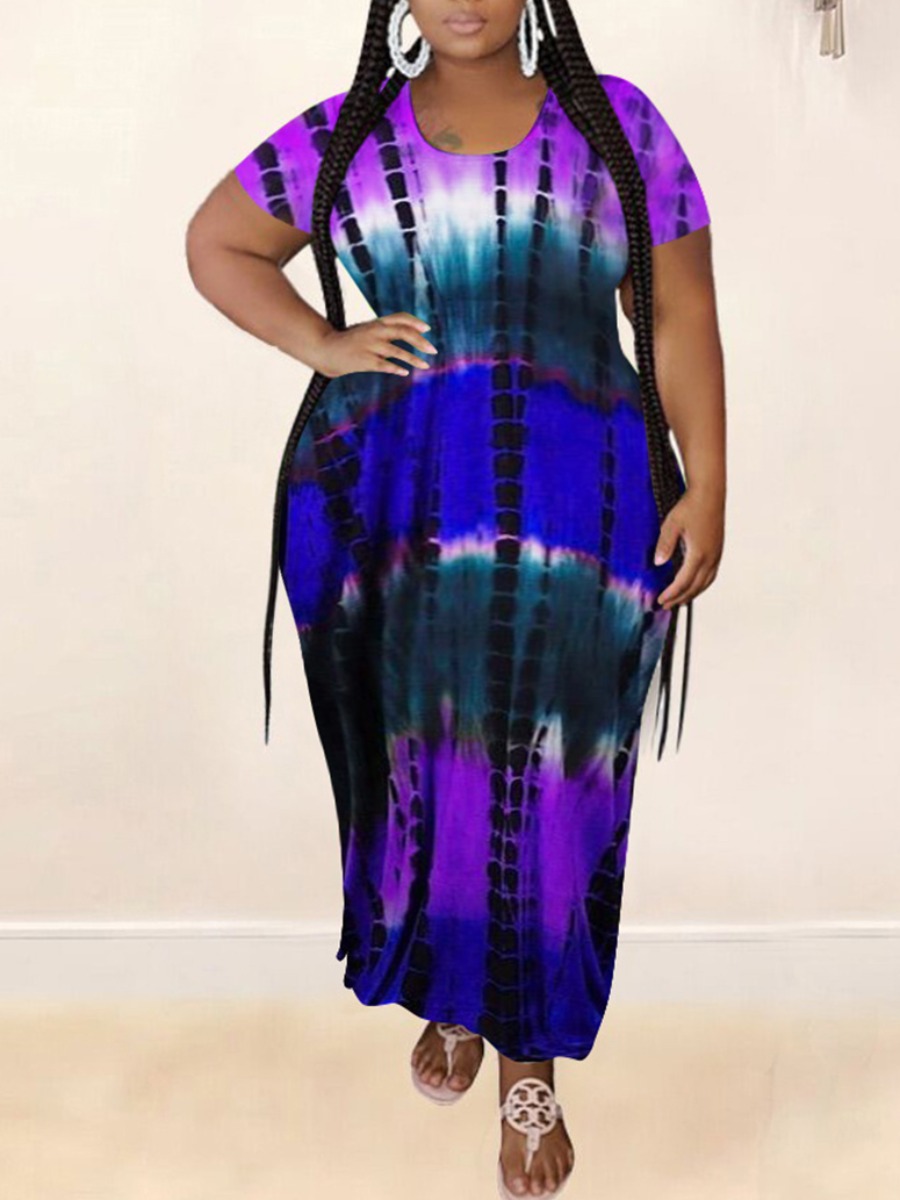 

Lovely Plus Size Casual O Neck Tie-dye Purple Ankle Length Dress