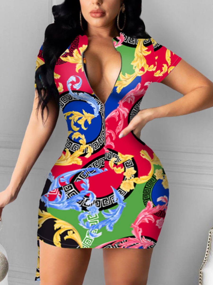 

Lovely Plus Size Street Print Patchwork Multicolor Mini Dress, Multi