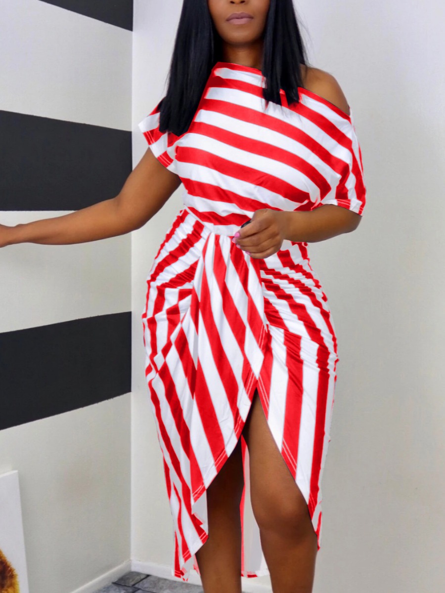 

Lovely Casual Boat Neck Striped Fold Design Red Mid Calf Dress