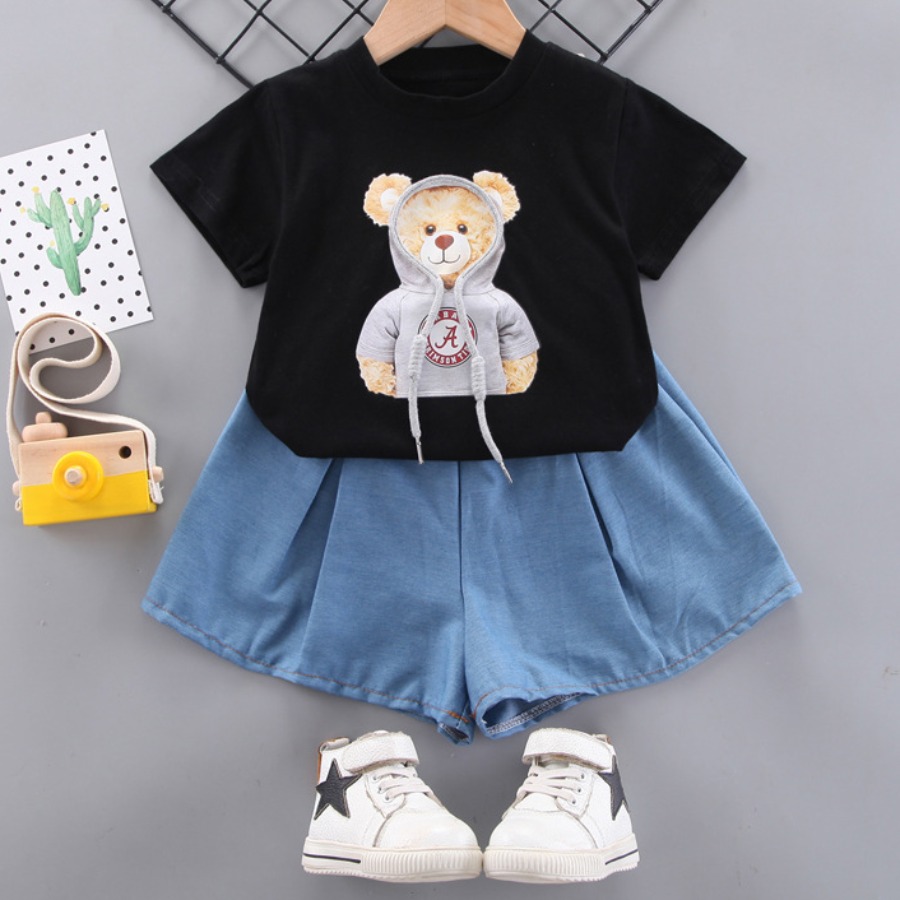 

Lovely Girl Casual O Neck Cartoon Print Black Two Piece Shorts Set
