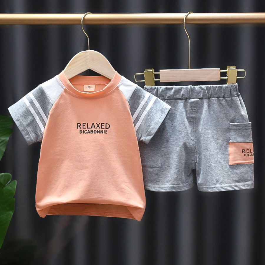 

Lovely Boy Sporty Letter Print Patchwork Clear Orange Two Piece Shorts Set
