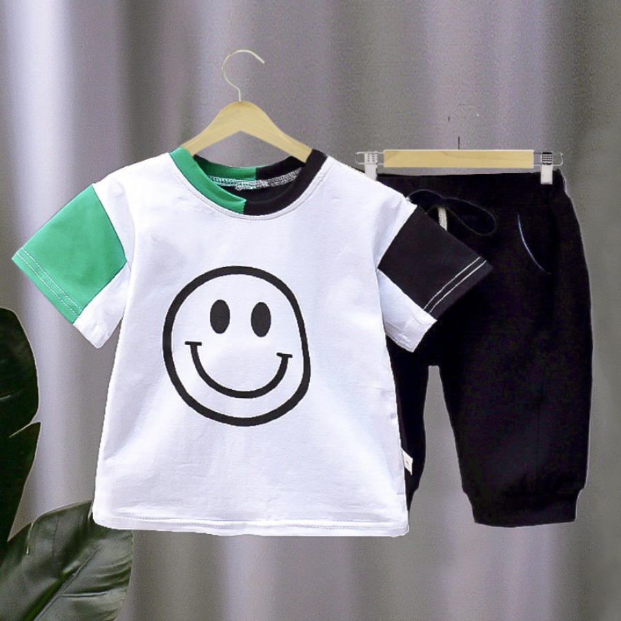 

Lovely Boy Casual Cartoon Print Patchwork White Two Piece Shorts Set