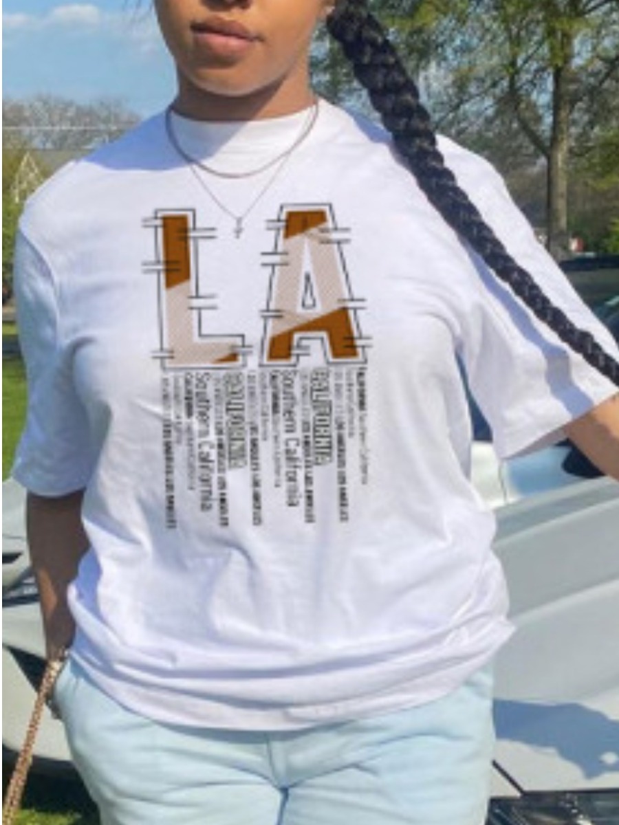 

Lovely Plus Size Casual O Neck Letter Print White T-shirt