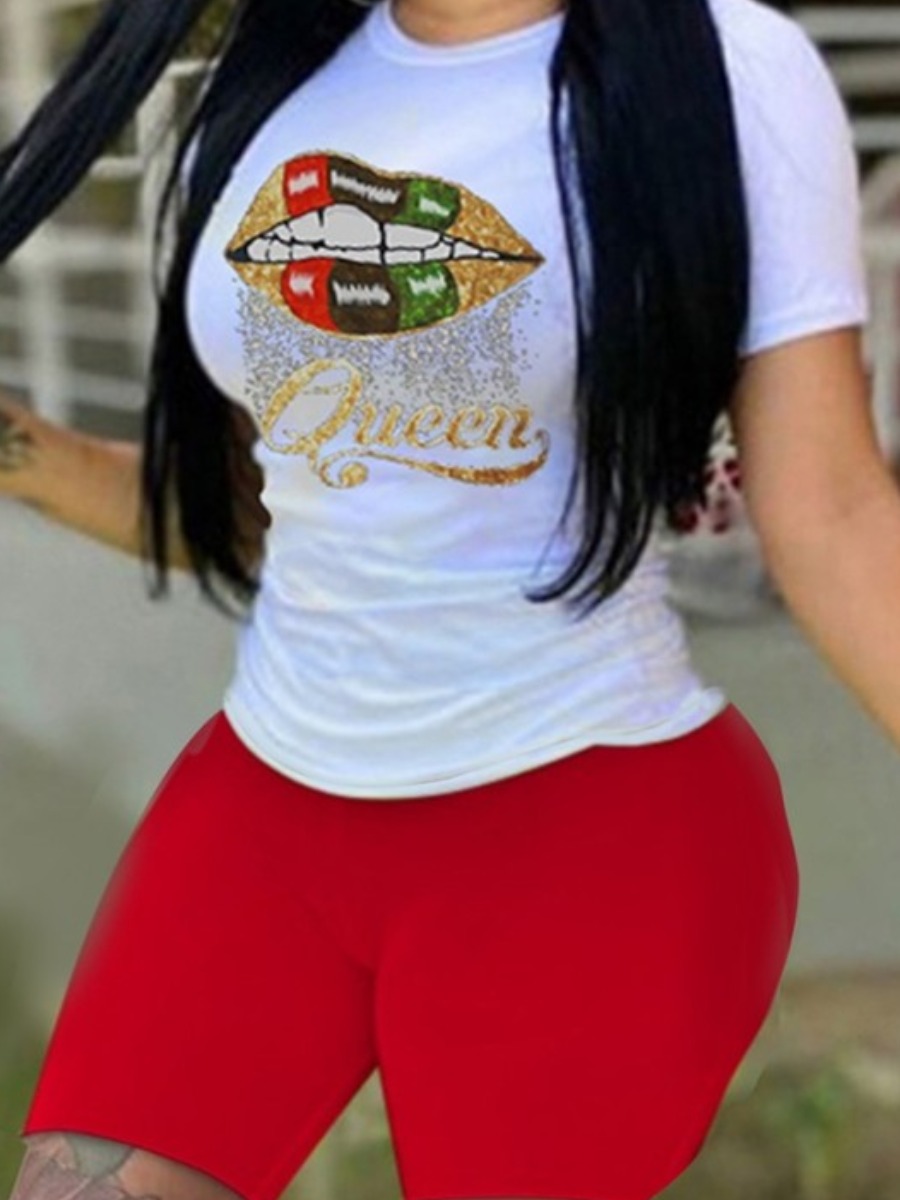 

Lovely Plus Size Street Lip Letter Print Brick Red Two-piece Shorts Set