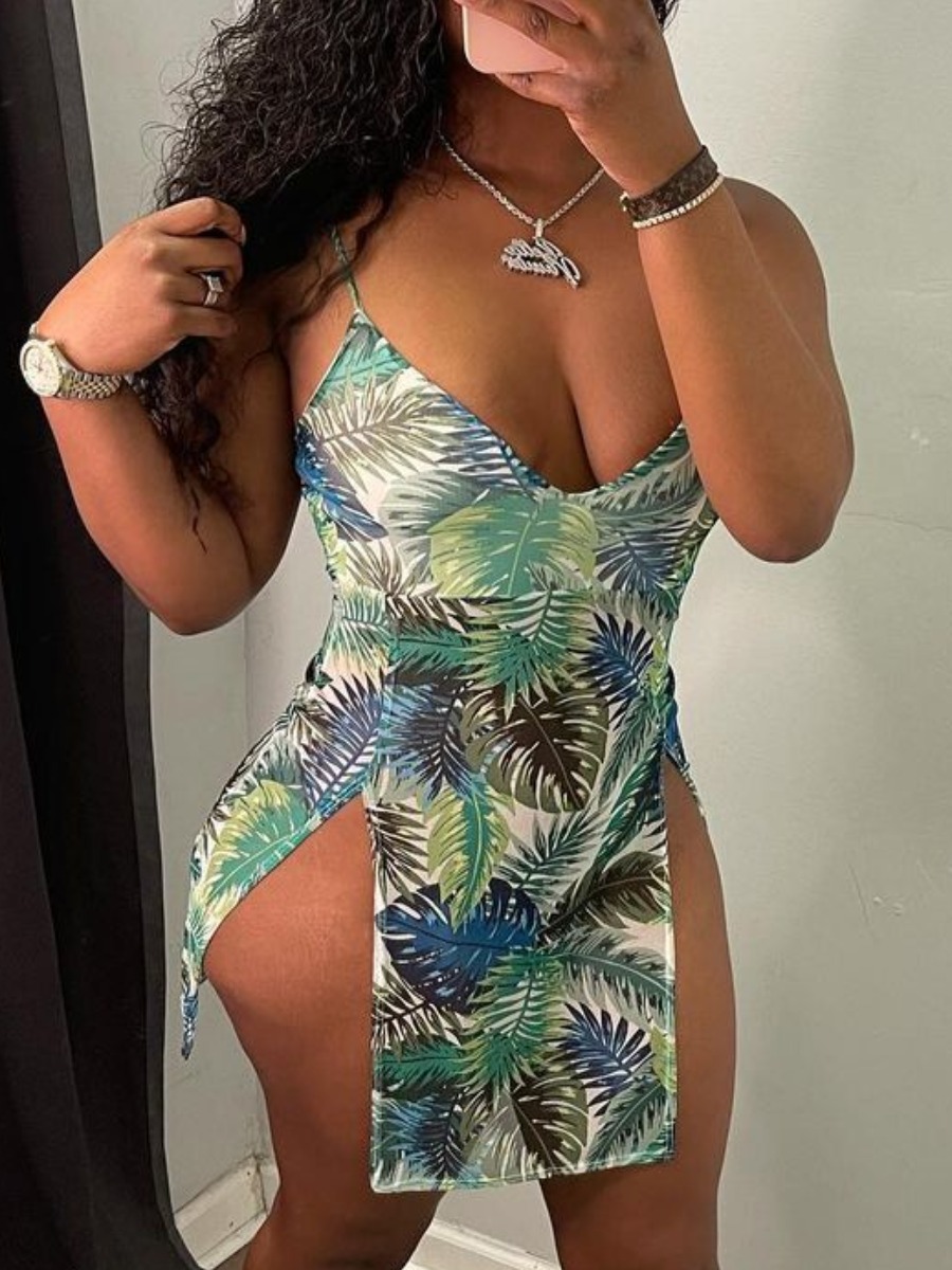 

Lovely Boho Floral Print Split Green Mini Dress