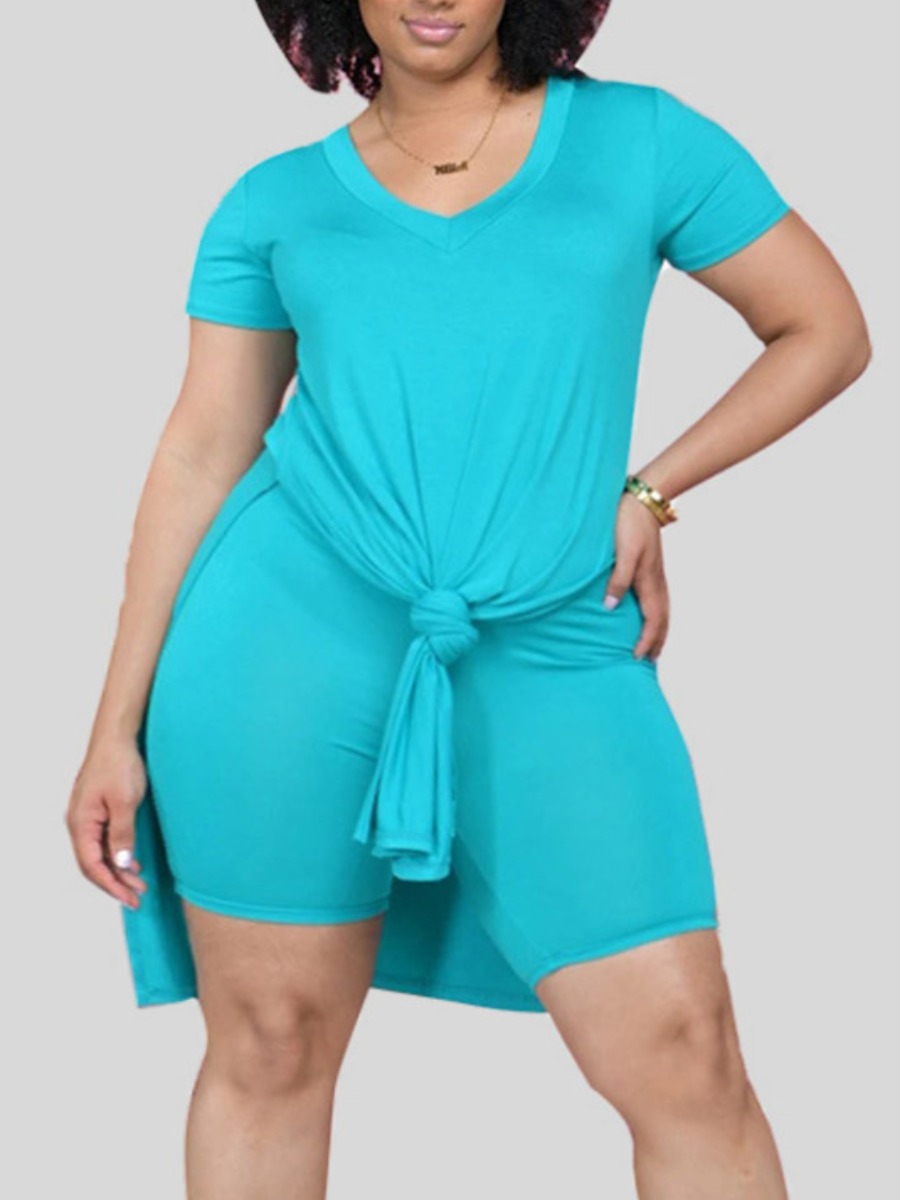 

LW Plus Size Casual O Neck Split Blue Two-piece Shorts Set