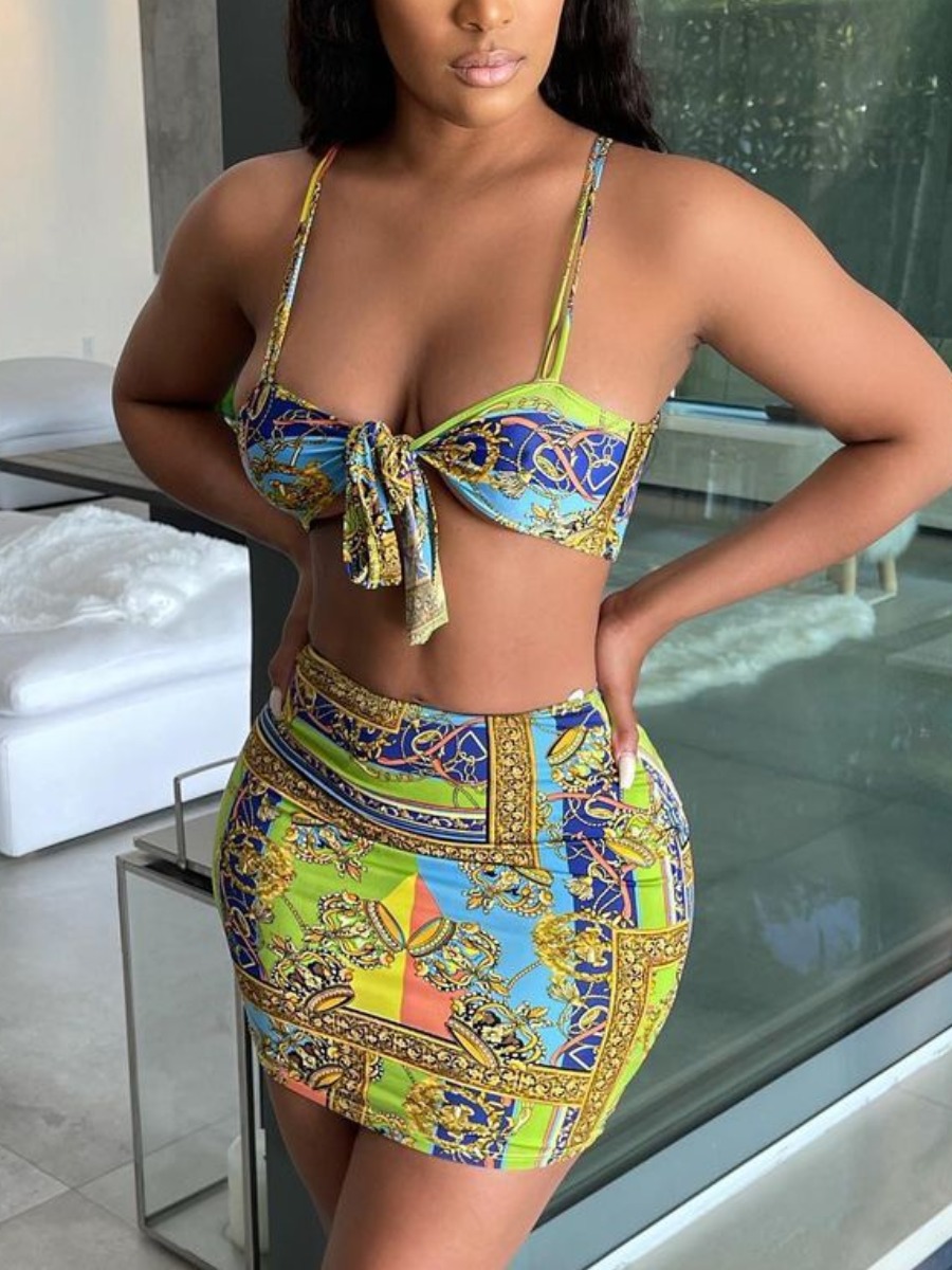 

Lovely Street Chain Print Bandage Design Multicolor Two Piece Skirt Set, Multi