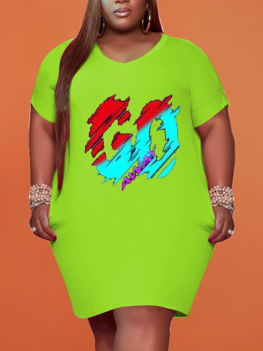 

Lovely Plus Size Casual O Neck Letter Print Green Mini Dress