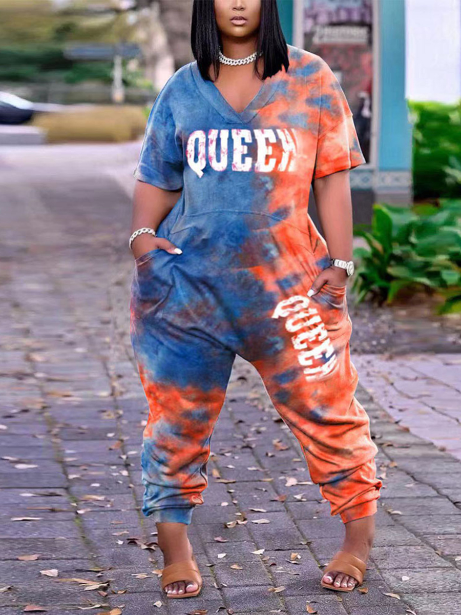 

Lovely Plus Size Casual Letter Print Tie-dye Blue One-piece Jumpsuit