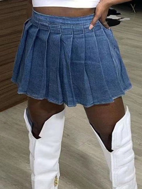 

Lovely Plus Size Sweet Pleated Blue Mini A Line Denim Skirt
