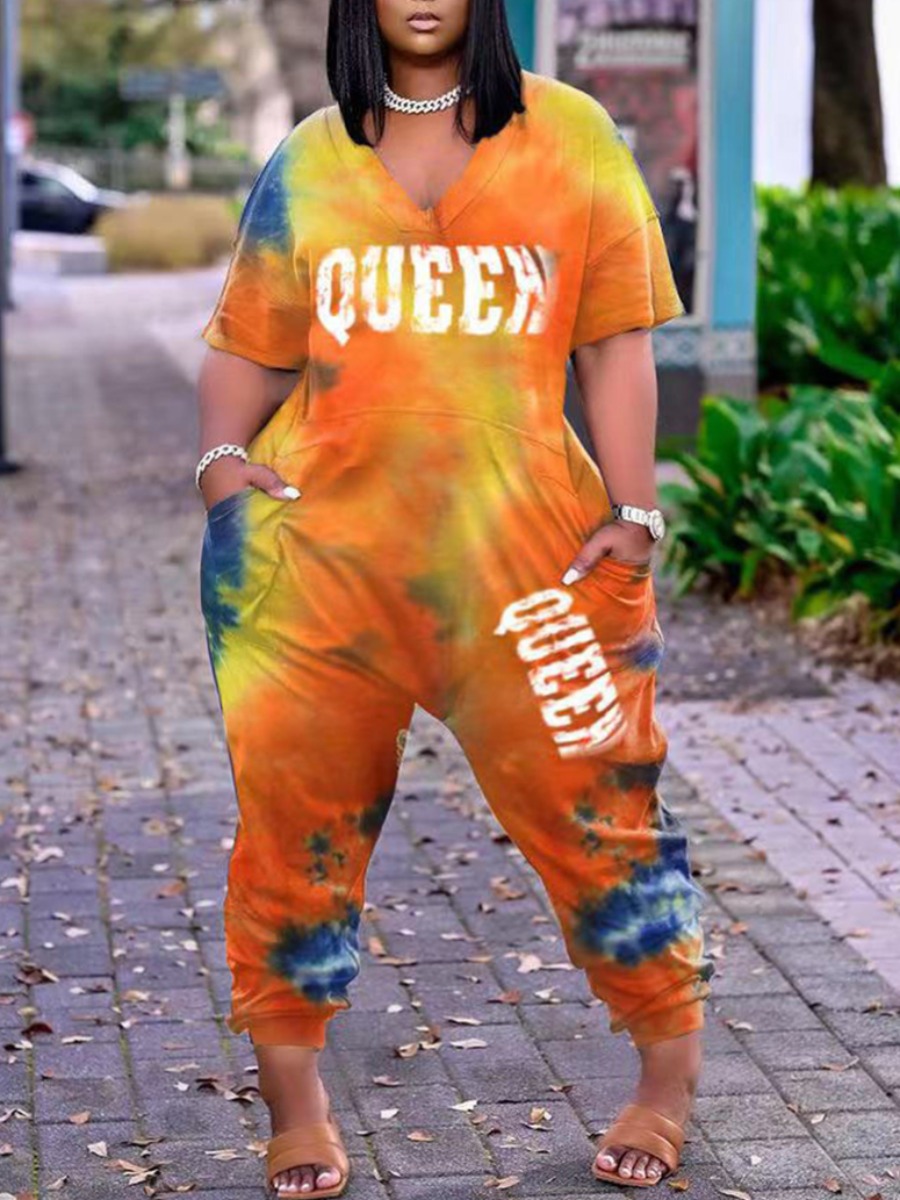 

Lovely Plus Size Casual Letter Print Tie-dye Croci One-piece Jumpsuit