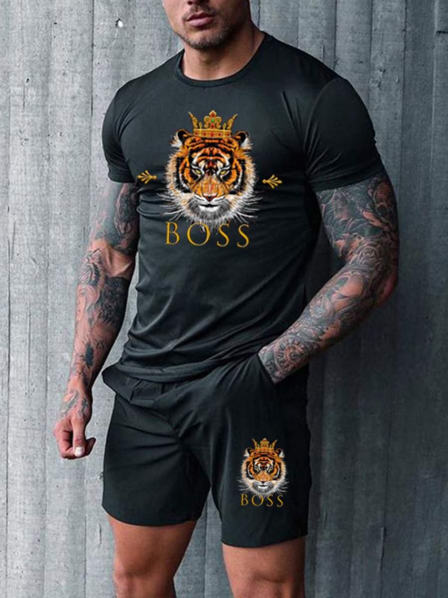 

Lovely Casual Animal Letter Print Black Two Piece Shorts Set