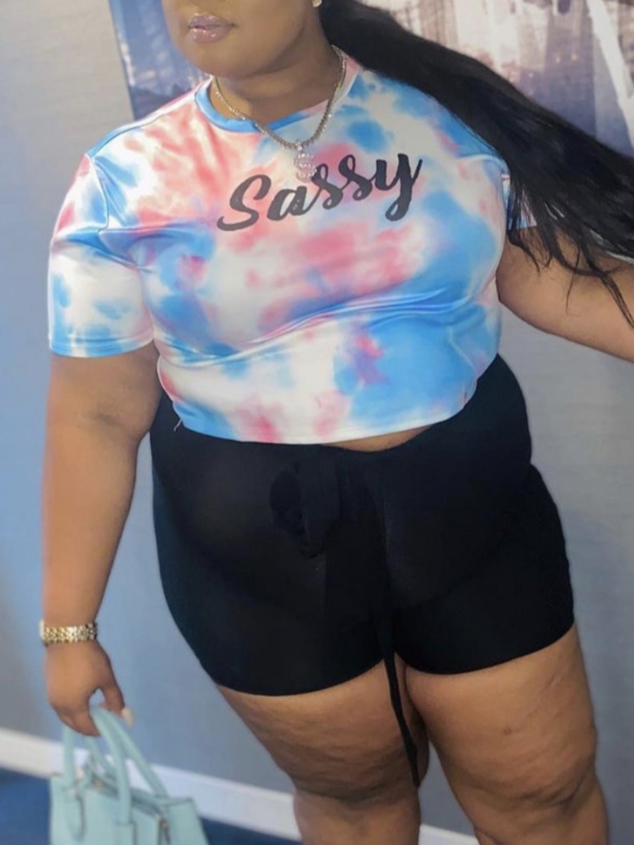 

LW Plus Size Casual Letter Print Tie-dye Blue Two-piece Shorts Set