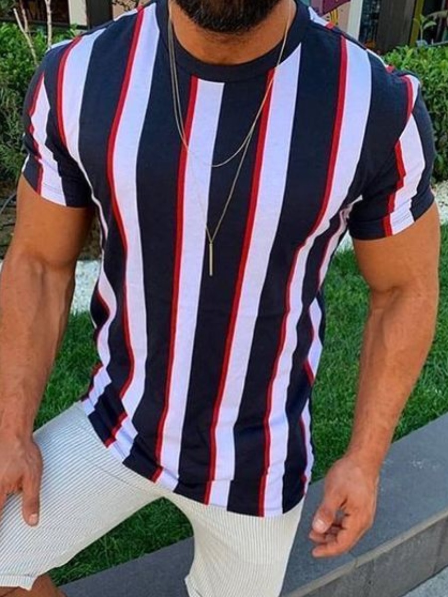 LW Men Casual O Neck Striped Deep Blue T-shirt