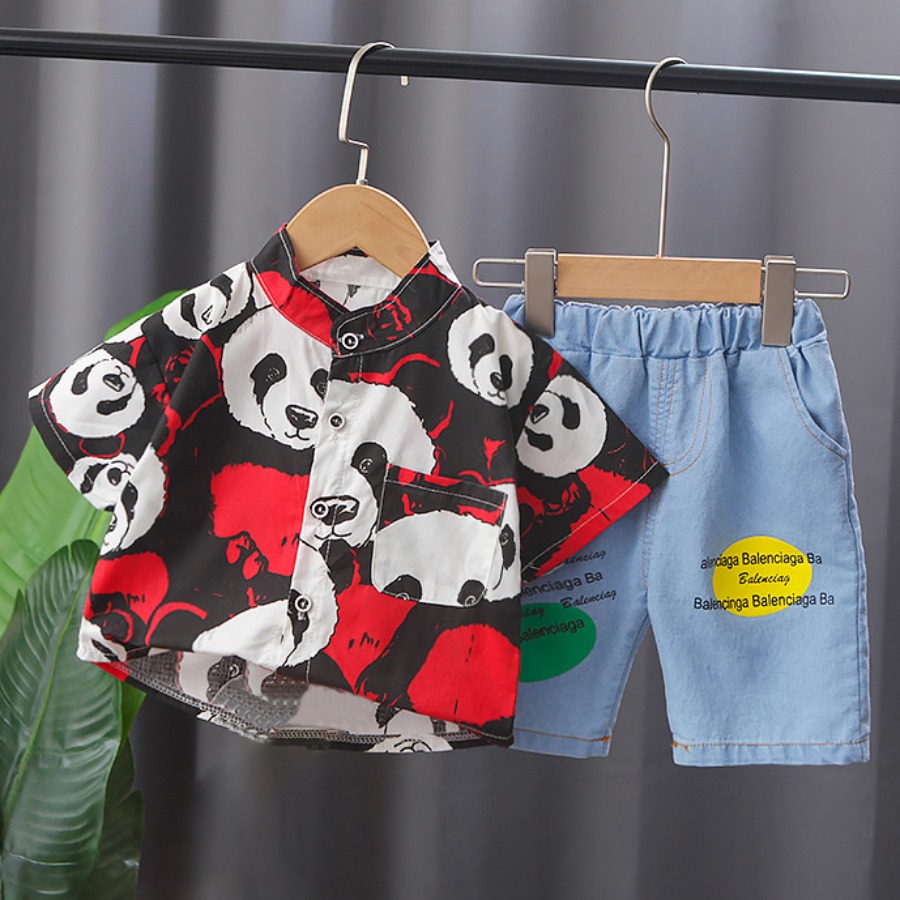 

Lovely Boy Casual Panda Letter Print Red Two Piece Shorts Set