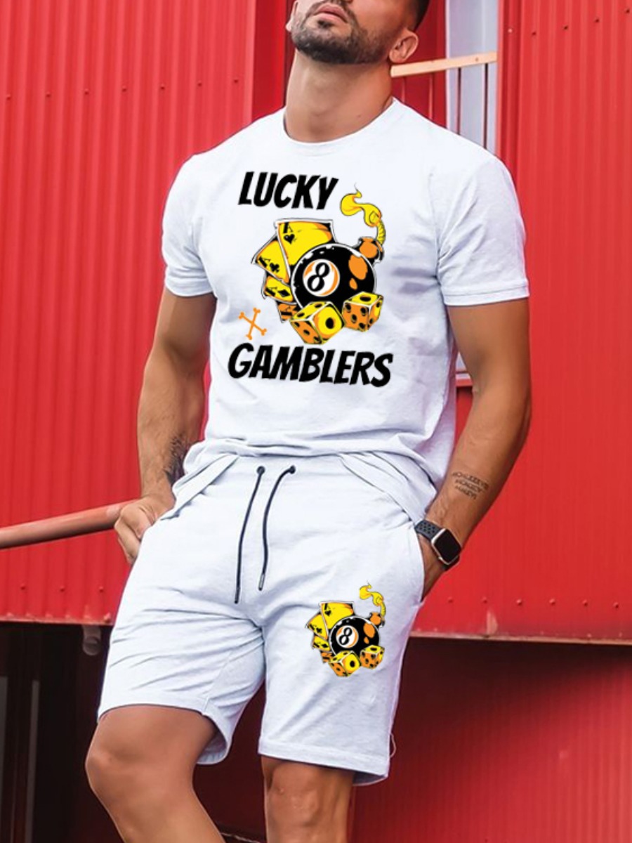 

Lovely Men Casual Cartoon Letter Print White Two Piece Shorts Set