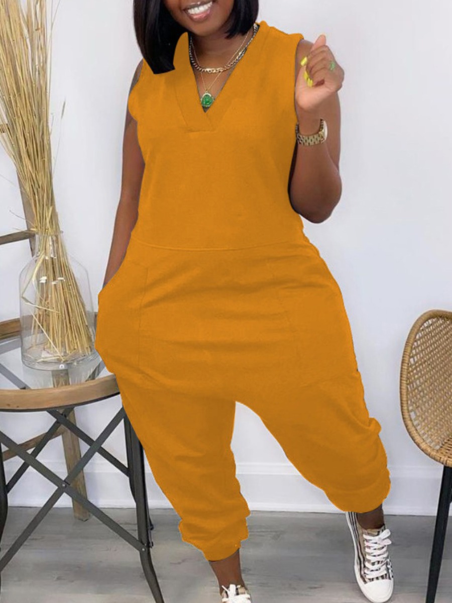 

LW BASICS Plus Size Casual V Neck Pocket Design Yellow One-piece Jumpsuit