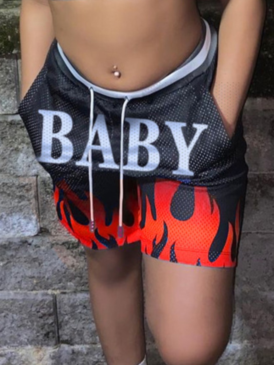 

Lovely Street Flame Letter Print Drawstring Red Shorts