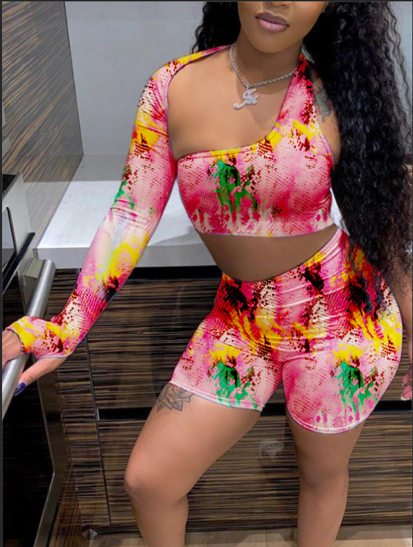 

Lovely Street Cobra Print Asymmetrical Pink Two Piece Shorts Set