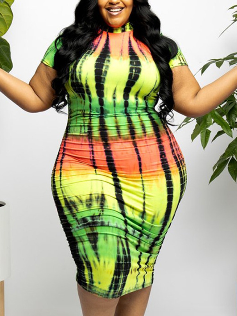 

Lovely Plus Size Casual Half A Turtleneck Tie-dye Multicolor Knee Length Dress, Multi