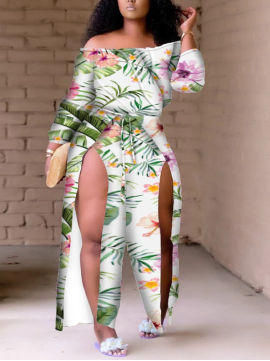 

Lovely Plus Size Boho Floral Print Split White One-piece Jumpsuit