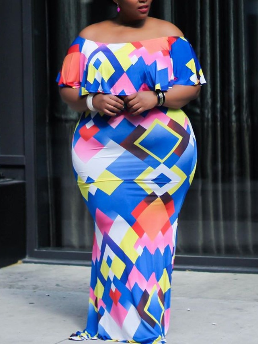 

Lovely Plus Size Boho Off The Shoulder Geometric Print Blue Floor Length Dress
