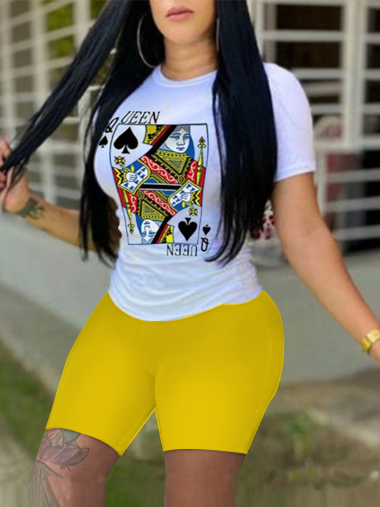 

Lovely Street Poker Letter Print Yellow Two Piece Shorts Set