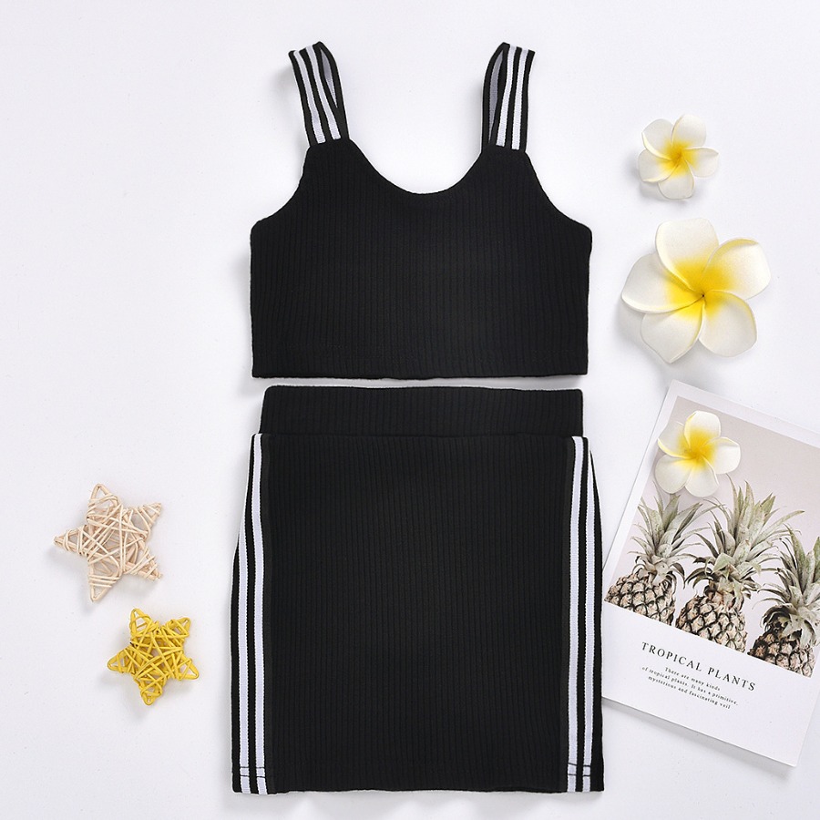 

Lovely Girl Sporty Rib-Knit Striped Black Two Piece Skirt Set