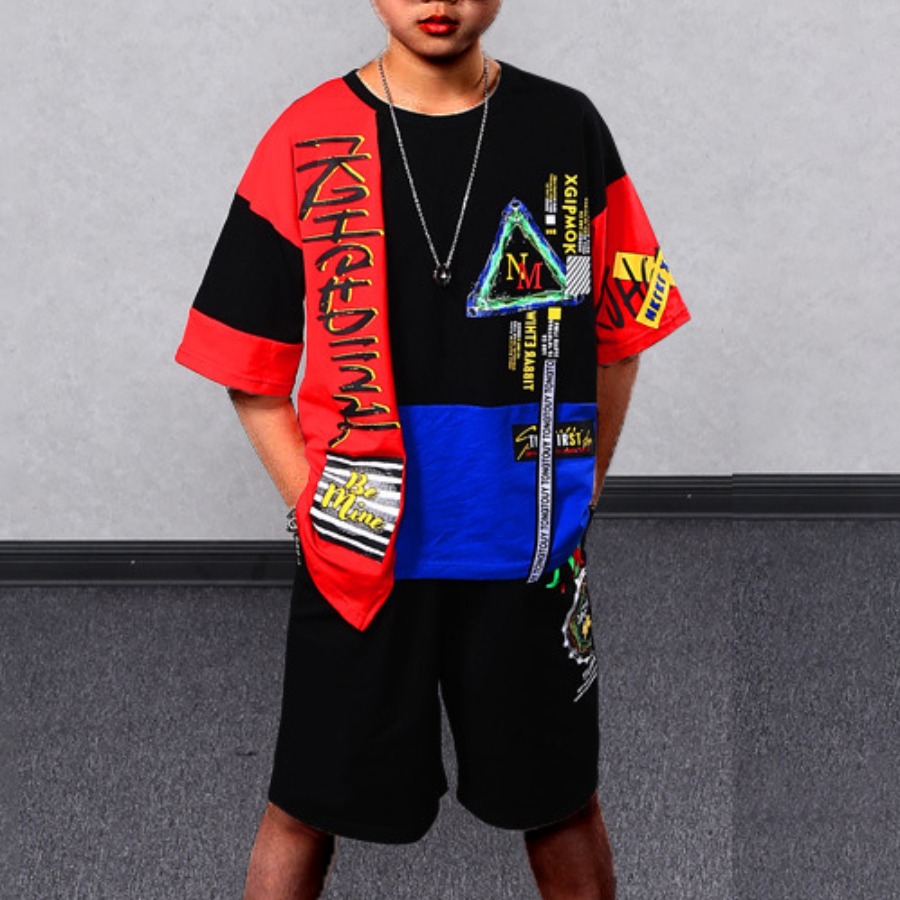 

Lovely Boy Street Letter Print Patchwork Black Two Piece Shorts Set