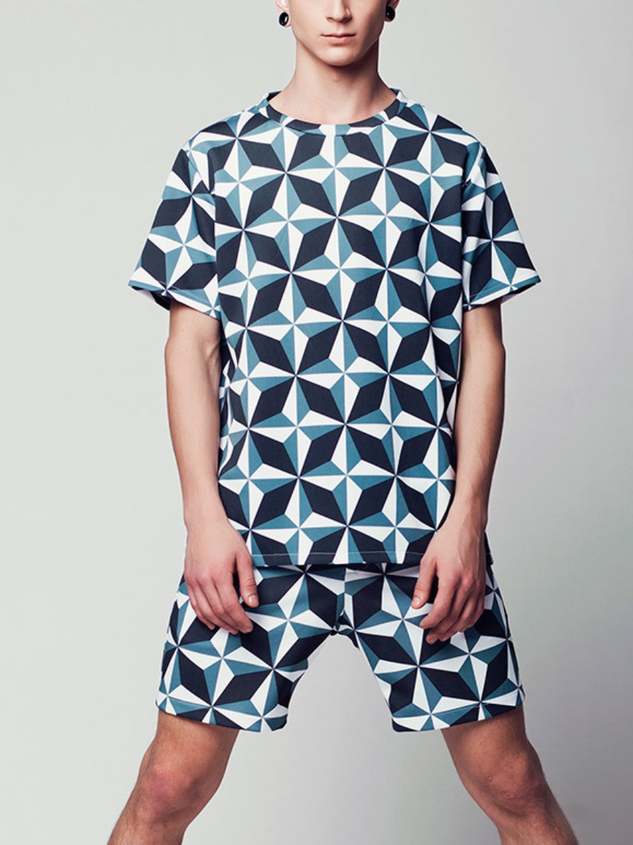 

Lovely Men Street O Neck Geometric Print Baby Blue Two Piece Shorts Set