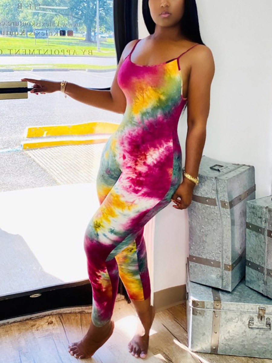 

Lovely Street Tie-dye Skinny Rose Red One-piece Jumpsuit