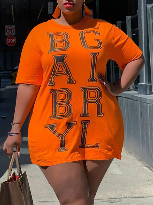 

LW Casual O Neck Letter Print Orange Mini Plus Size Dress